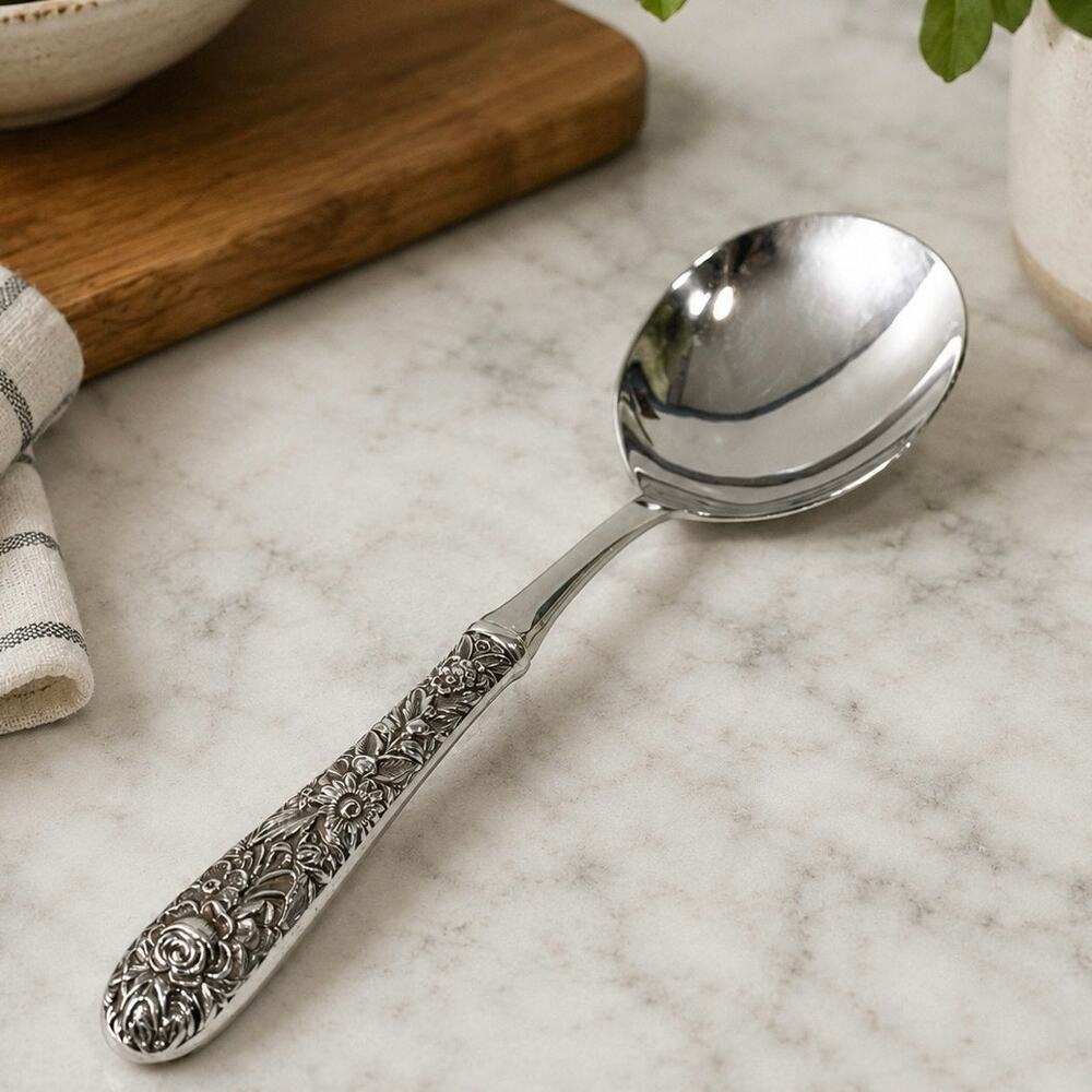 Kirk Stieff Sterling Silver Handle Repousse Floral Motif Casserole Spoon 10inch